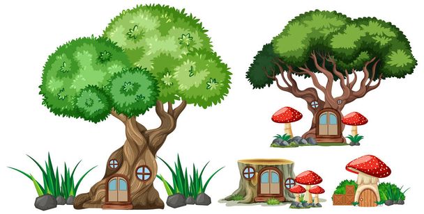 Set of isolated tree and stump houses cartoon style on white background illustration - Vector, Image