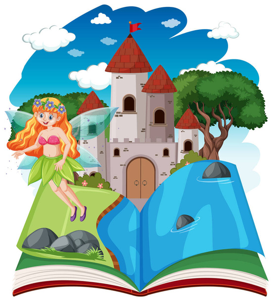 Fiabe e torre del castello su pop up libro stile cartone animato su sfondo bianco illustrazione - Vettoriali, immagini