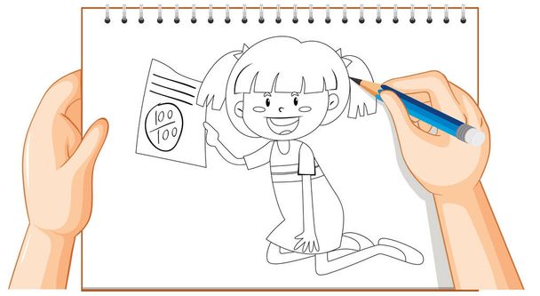 Hand writing of girl having good exam mark outline illustration - Vector, Image