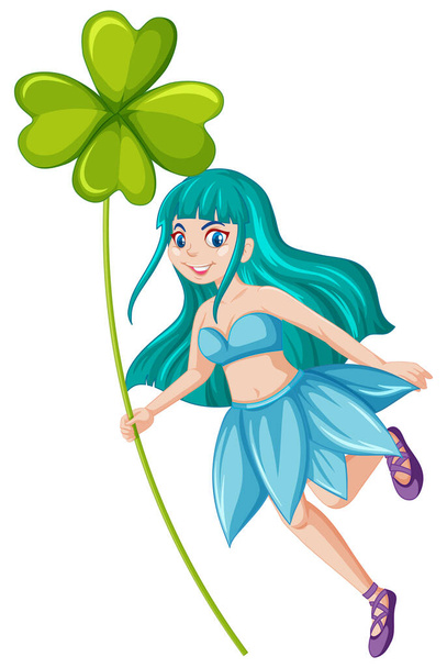 Cute fairy holding a lucky clover cartoon character on white background illustration - Vector, afbeelding