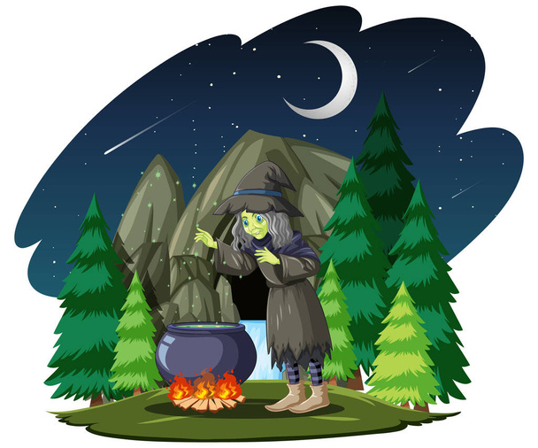 Bruja con estilo de dibujos animados olla magia negra en la ilustración de fondo del bosque oscuro - Vector, Imagen