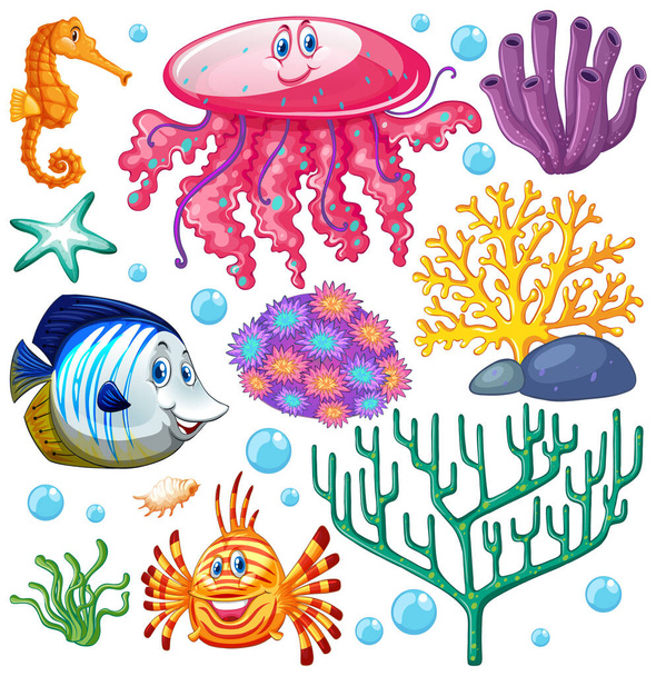 Conjunto de criaturas marinhas sobre fundo branco ilustração
 - Vetor, Imagem
