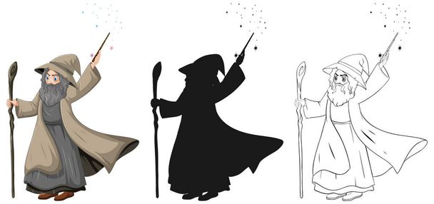 Старий чарівник з чарівною паличкою в кольорі і контур і силует мультяшний персонаж ізольований на білому тлі ілюстрації
 - Вектор, зображення