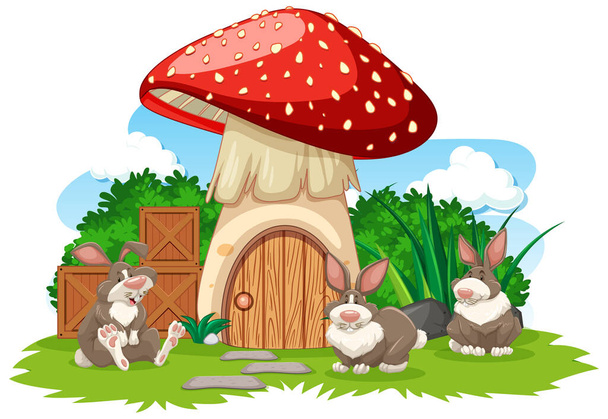 Mushroom house with three rabbit cartoon style on white background illustration - Wektor, obraz