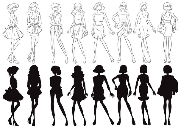 Set of female sketch and silhouette illustration - Vector, Image