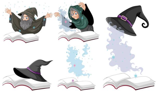 Sada čarodějnice nebo kouzelník kouzelný klobouk na knize izolované na bílém pozadí ilustrace - Vektor, obrázek