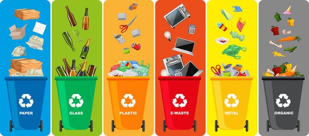 Kleurrijke prullenbak met recycle symbool geïsoleerd op kleur achtergrond illustratie - Vector, afbeelding