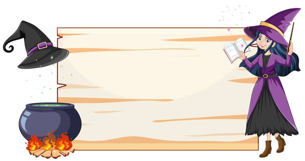 Junge schöne Hexe mit schwarzem Zaubertopf und Zauberhut und leerem Banner Papier Cartoon-Stil isoliert auf weißem Hintergrund Illustration - Vektor, Bild