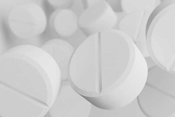 Heap van ronde vorm medische pil op witte achtergrond. 3d destructie - Foto, afbeelding