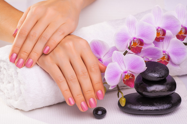 Beautiful manicure with pink orchid on the white - Photo, Image