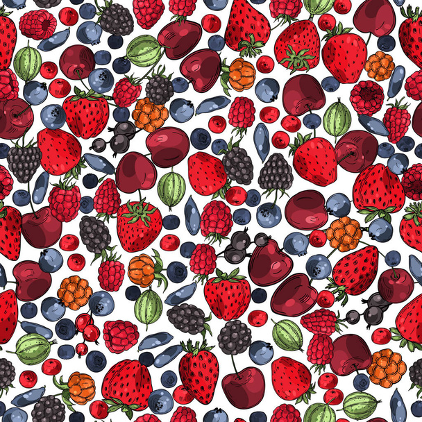 Hand drawn berries. Currant, strawberry, blueberry, cloudberry, blackberries, cherries.Vector  seamless pattern - Vector, Image