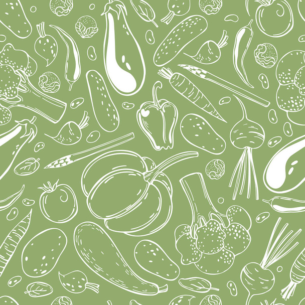 Patrón sin costura vectorial con verduras dibujadas a mano  - Vector, Imagen