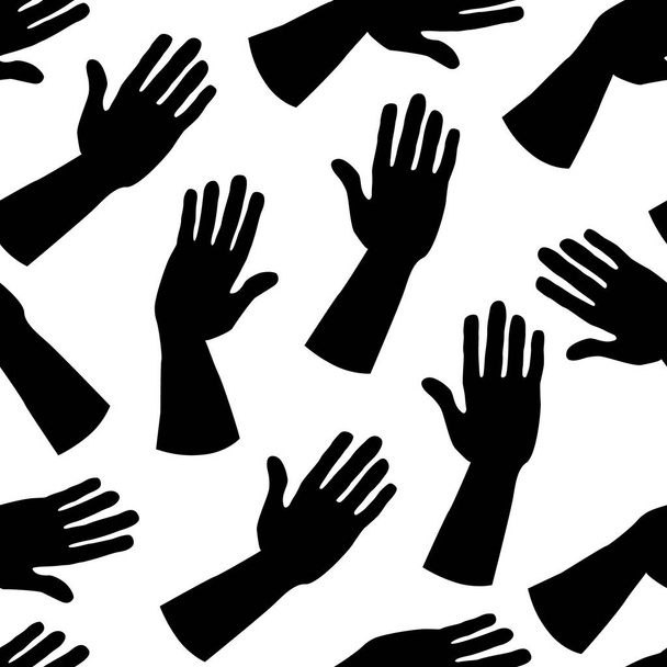 Seamless pattern of black silhouettes of hands. Palms in a greeting or giving gesture. For wrapping, scrapbooking paper, banners. Stock flat vector illustration isolated on transparent background. - Vecteur, image