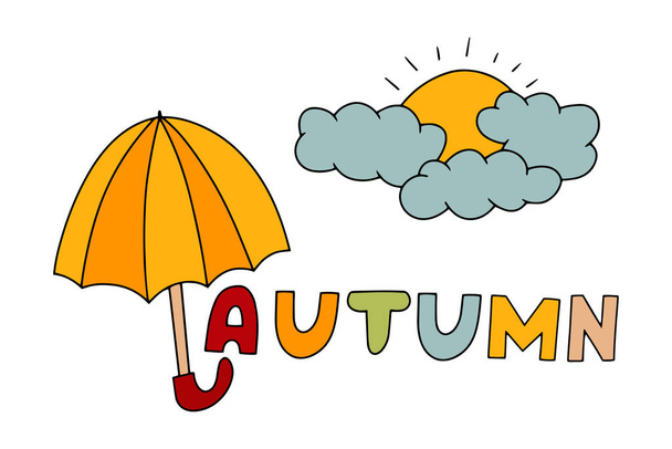 Doodle kolorowy parasol z tekstowej jesieni izolowane na białym. Słońce i chmura. Ikona zarysu. Rysowanie linii artystycznej. Jesień logo. Ilustracja wektora szkicu. EPS 10 - Wektor, obraz
