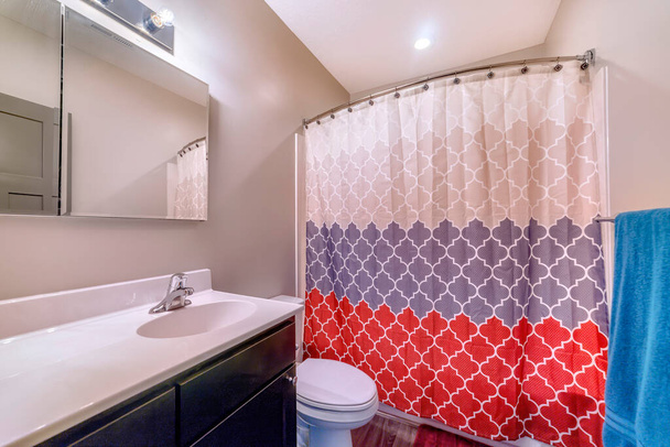 Home μπάνιο με τουαλέτα ματαιοδοξία και μπανιέρα με πολύχρωμη κουρτίνα - Φωτογραφία, εικόνα