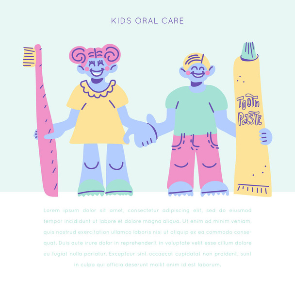Chlapec a dívka držící zuby štětec a zubní pasta scéna - Vektor, obrázek