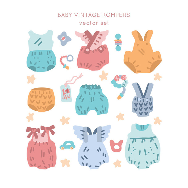 Neugeborenes Baby Vintage Strampler Vektor Set. Klassische Boho-Bekleidung für Säuglinge - Symbole. - Vektor, Bild