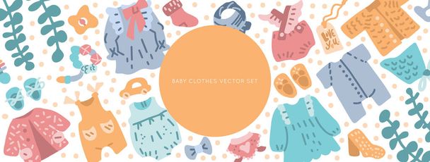 Novorozené Baby vintage oblečení vektor set. Klasické Boho oblečení pro kojence - ikony. - Vektor, obrázek
