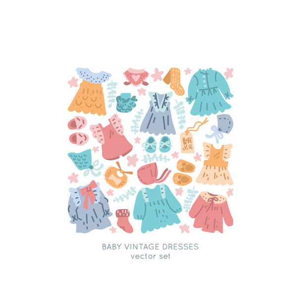 Newborn Baby vintage clothes vector set. Classic Boho apparel for infants - icons. - Vector, Image