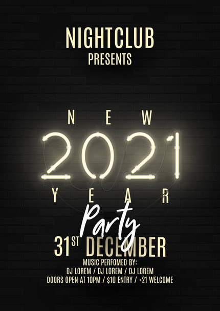 2021 Happy New Year party poster. Realistic bright neon number on brick wall. Concept of holiday banner with glowing text. Vector illustration. Invitation to nightclub. - Διάνυσμα, εικόνα