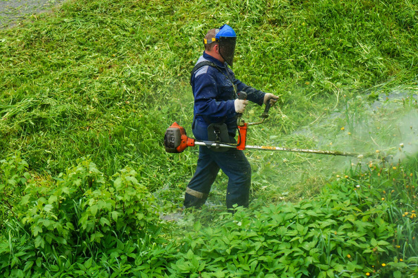 Um homem corta grama com uma foice de gasolina em um uniforme protetor
 - Foto, Imagem