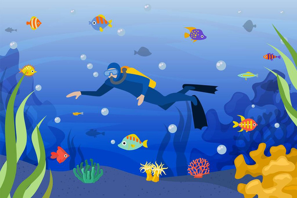 Diver underwater, vector illustration. Scuba man in ocean activity sport with tropical fish, dive with mask in blue water. - Vector, Imagen
