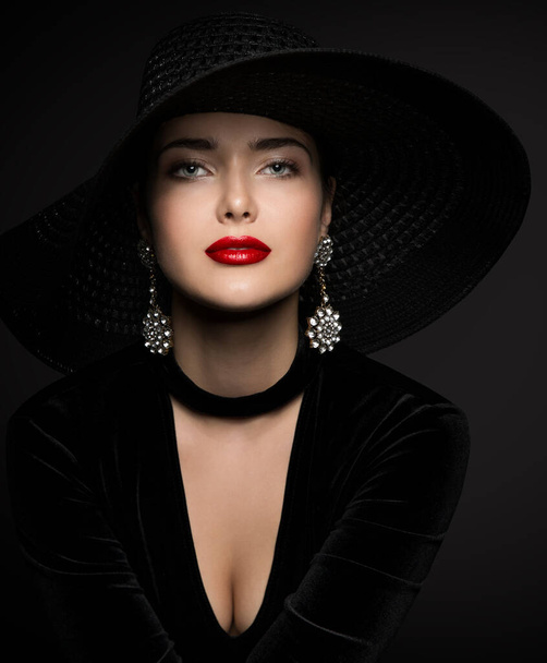 Beautiful Woman in Black, Elegant Lady Red Lips and Earrings Jewelry, Studio Beauty Portrait - Photo, Image