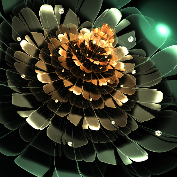 Gold and green fractal flower, digital artwork for creative graphic design - Photo, Image