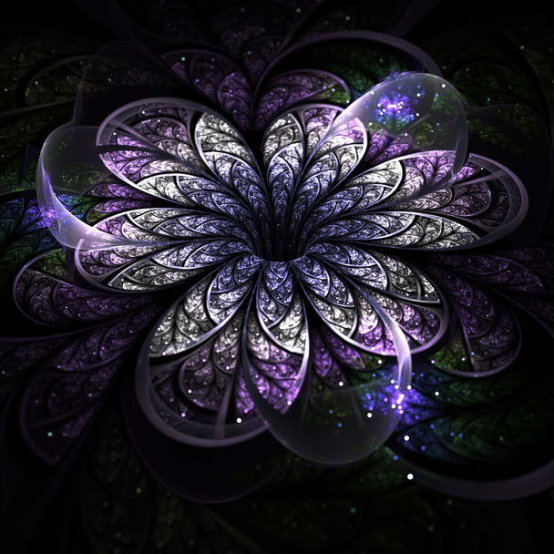 Purple fractal flower on dark background, digital artwork for creative graphic design - Photo, Image