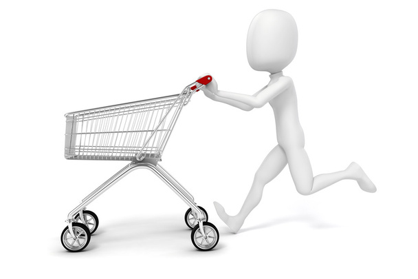 3d man and shopping cart on white background - 写真・画像