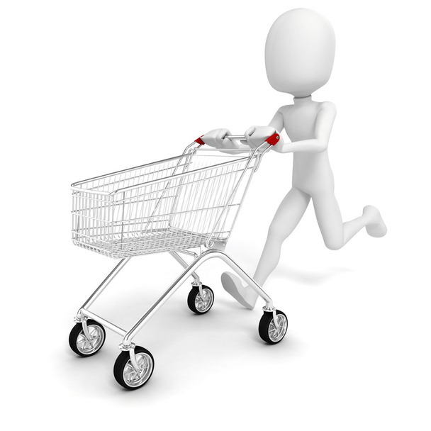 3d man and shopping cart on white background - Zdjęcie, obraz