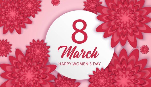 8. März Internationaler Frauentag mit roter Papierschnittblume und Kreisrahmen - Vektor, Bild