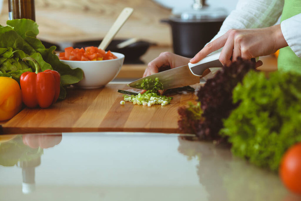 Unknown human hands cooking in kitchen. Woman slicing green onion. Healthy meal, and vegetarian food concept - Photo, image