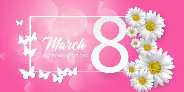 8 Μαρτίου παγκόσμια ημέρα των γυναικών φόντο με κομμένο χαρτί πεταλούδα και λουλούδι - Διάνυσμα, εικόνα