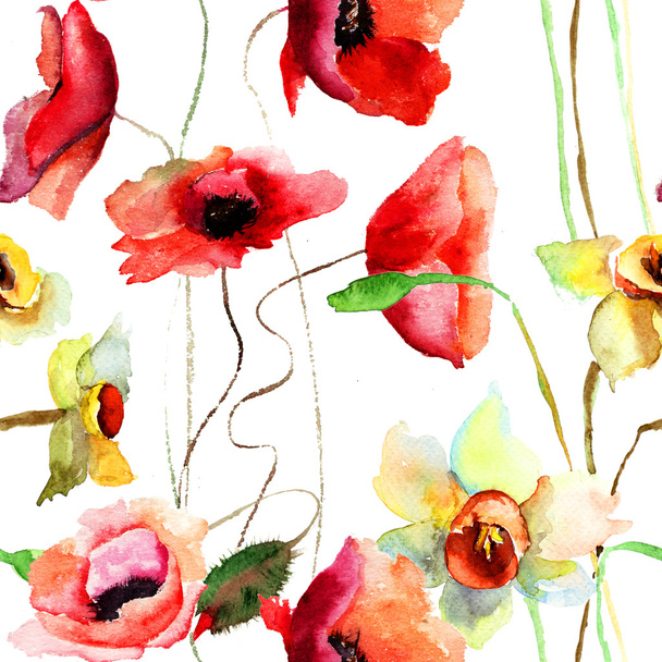 Seamless pattern with Narcissus and Poppy flowers - Foto, afbeelding