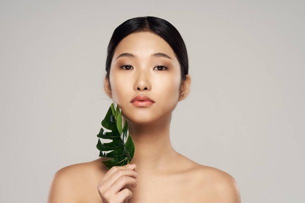 Stüdyoda yaprak tutan genç Asyalı kadın. - Fotoğraf, Görsel