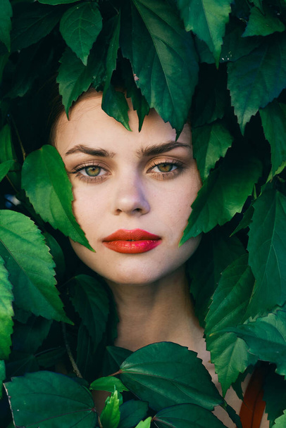 Junge schöne Frau posiert mit Blättern um ihr Gesicht - Foto, Bild