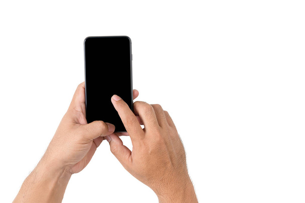 Hand man tartja mobiltelefon fekete képernyő elszigetelt fehér alapon a nyírás útvonal. - Fotó, kép