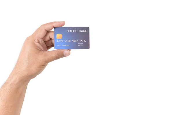 オンラインショッピングのための白、ビジネスとお金に隔離されたクレジットカードを保持する手の男、新しい通常の概念 - 写真・画像