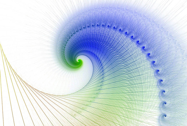 Beyaz arkaplanda ayrıntılı mavi ve yeşil kürk spirali - Fotoğraf, Görsel