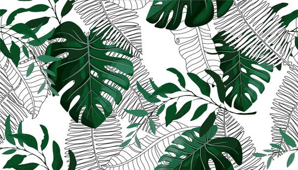 Floral seamless pattern, green, black and white split-leaf Philodendron plant with vines on white background, pastel vintage theme - Vector, Image