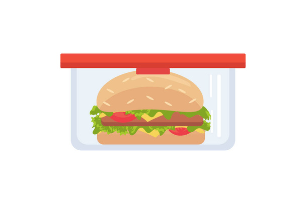 Ebédes doboz, hamburgerrel. Iskolai étkezés gyermekek állomány vektor illusztráció lapos rajzfilm stílus elszigetelt fehér háttér. - Vektor, kép