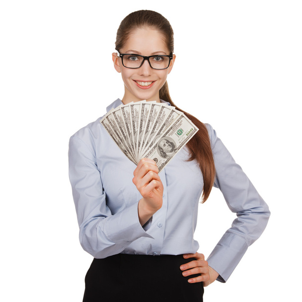 Girl in glasses with a fan of dollars - Φωτογραφία, εικόνα