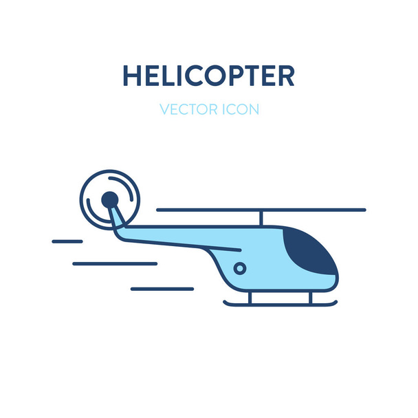 Ikona helikoptera. Wektor płaski zarys ilustracji latającego śmigłowca. Reprezentuje koncepcję podróży lotniczych, podróży, przygód, misji ratunkowej, ratowników - Wektor, obraz