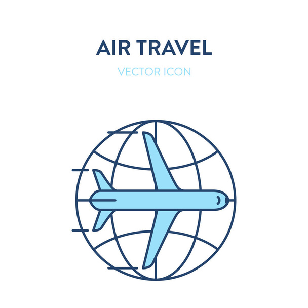 Icono de vuelo internacional. Ilustración de contorno plano vectorial de un avión de pasajeros con icono de globo terráqueo en el fondo. Representa un concepto de vuelos internacionales, viajes aéreos, vuelos comerciales
 - Vector, Imagen