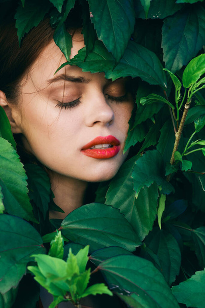 Joven hermosa mujer posando con hojas alrededor de su cara
 - Foto, imagen