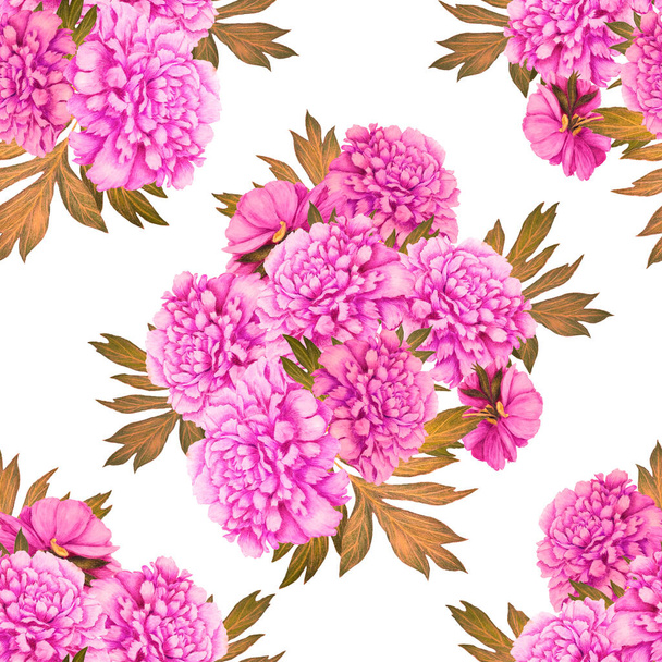 Floral seamless pattern with beautiful blooming peonies . Decorative botanic Peony flower print. Hand drawn crayon illustration. - Photo, image