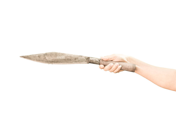 mano sosteniendo el cuchillo grande aislado sobre fondo blanco con el camino de recorte
. - Foto, imagen