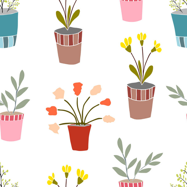 Indoor flowers in cute pots. Vector seamless pattern. Design for wrapping, print, wallpaper.  - Vector, Imagen