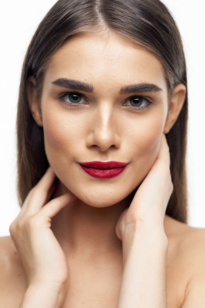 Portrait of young beautiful woman with  red lipstick on her lips. Beauty, fashion photography  - Fotoğraf, Görsel